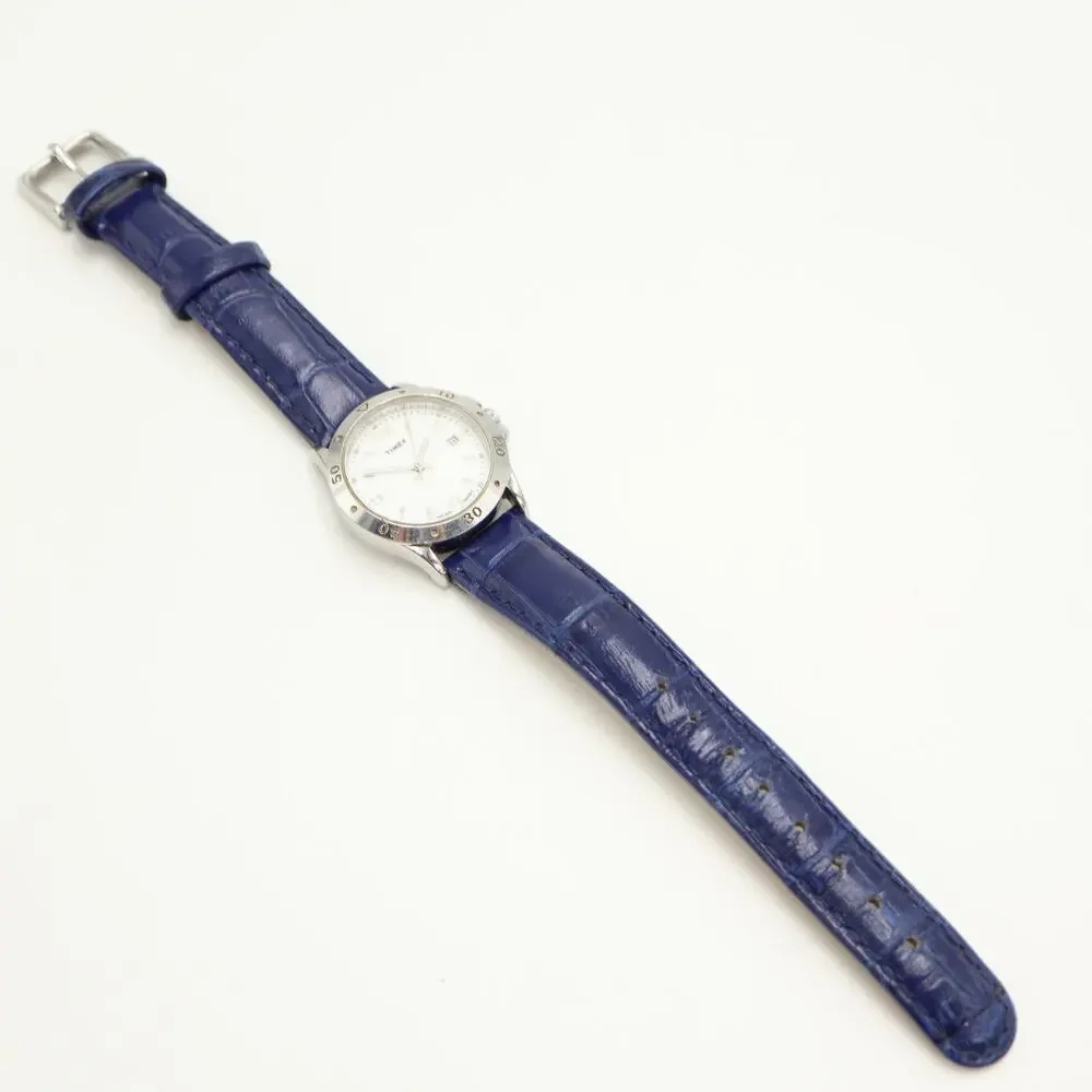 Timex Indiglo Silver Tone Date 29mm Womens Watch Blue Leather w New Battery